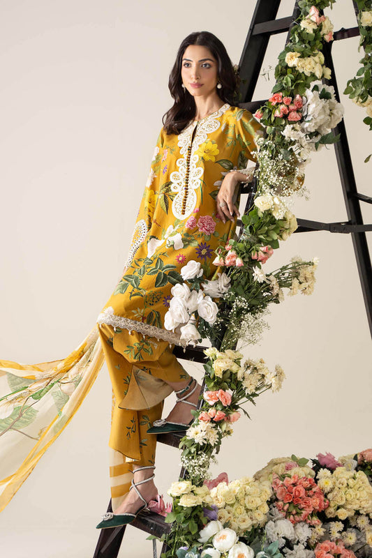 Maria B MP25-04B 3-piece unstitched printed lawn suit with chiffon dupatta and cambric trousers.