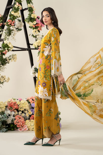 Maria B MP25-04B 3-piece unstitched printed lawn suit with chiffon dupatta and cambric trousers.