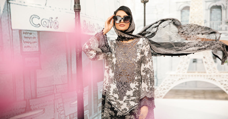 Unstitched embroidered lawn suit MPT-2608-B with printed shirt, chiffon dupatta, and cambric trousers