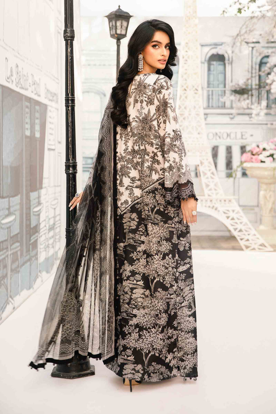 Unstitched embroidered lawn suit MPT-2608-B with printed shirt, chiffon dupatta, and cambric trousers.