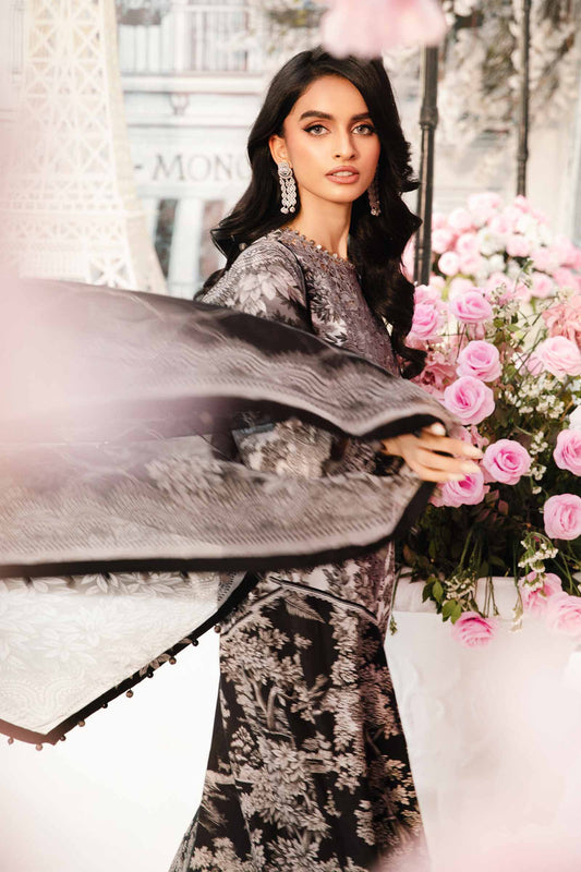 Unstitched embroidered lawn suit MPT-2608-B with printed shirt, chiffon dupatta, and cambric trousers.