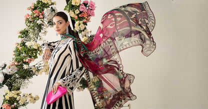 Maria B inspired white & black embroidered 3-piece unstitched lawn suit with chiffon dupatta.