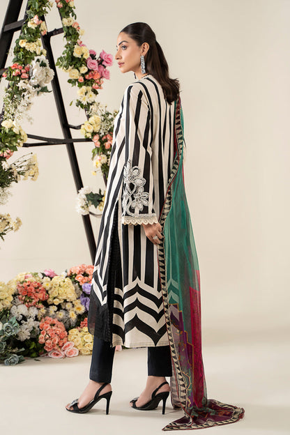 Maria B inspired white & black embroidered 3-piece unstitched lawn suit with chiffon dupatta.