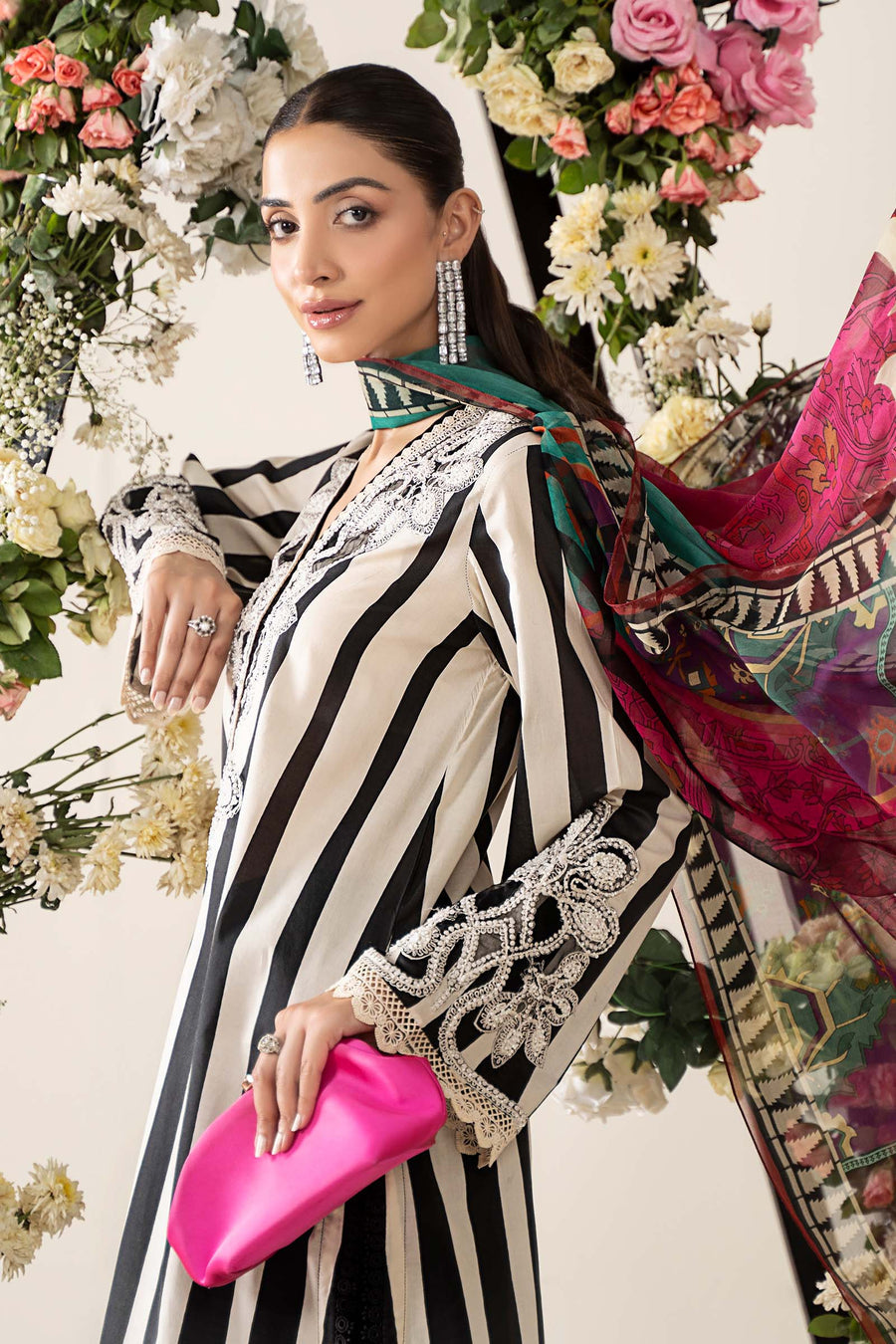 Maria B inspired white & black embroidered 3-piece unstitched lawn suit with chiffon dupatta.