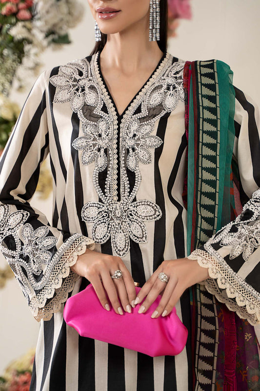 Maria B inspired white & black embroidered 3-piece unstitched lawn suit with chiffon dupatta.