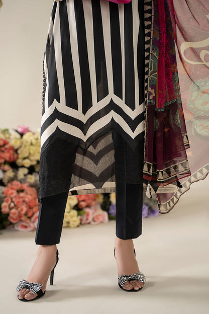Maria B inspired white & black embroidered 3-piece unstitched lawn suit with chiffon dupatta.