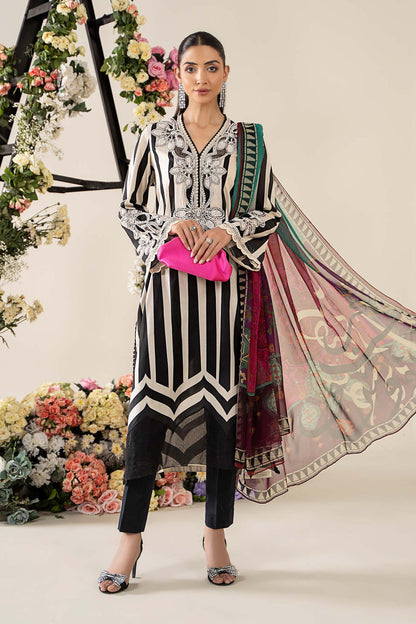 Maria B inspired white & black embroidered 3-piece unstitched lawn suit with chiffon dupatta.