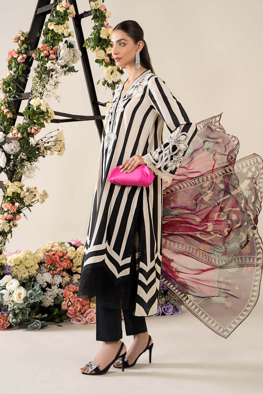 Maria B inspired white & black embroidered 3-piece unstitched lawn suit with chiffon dupatta.