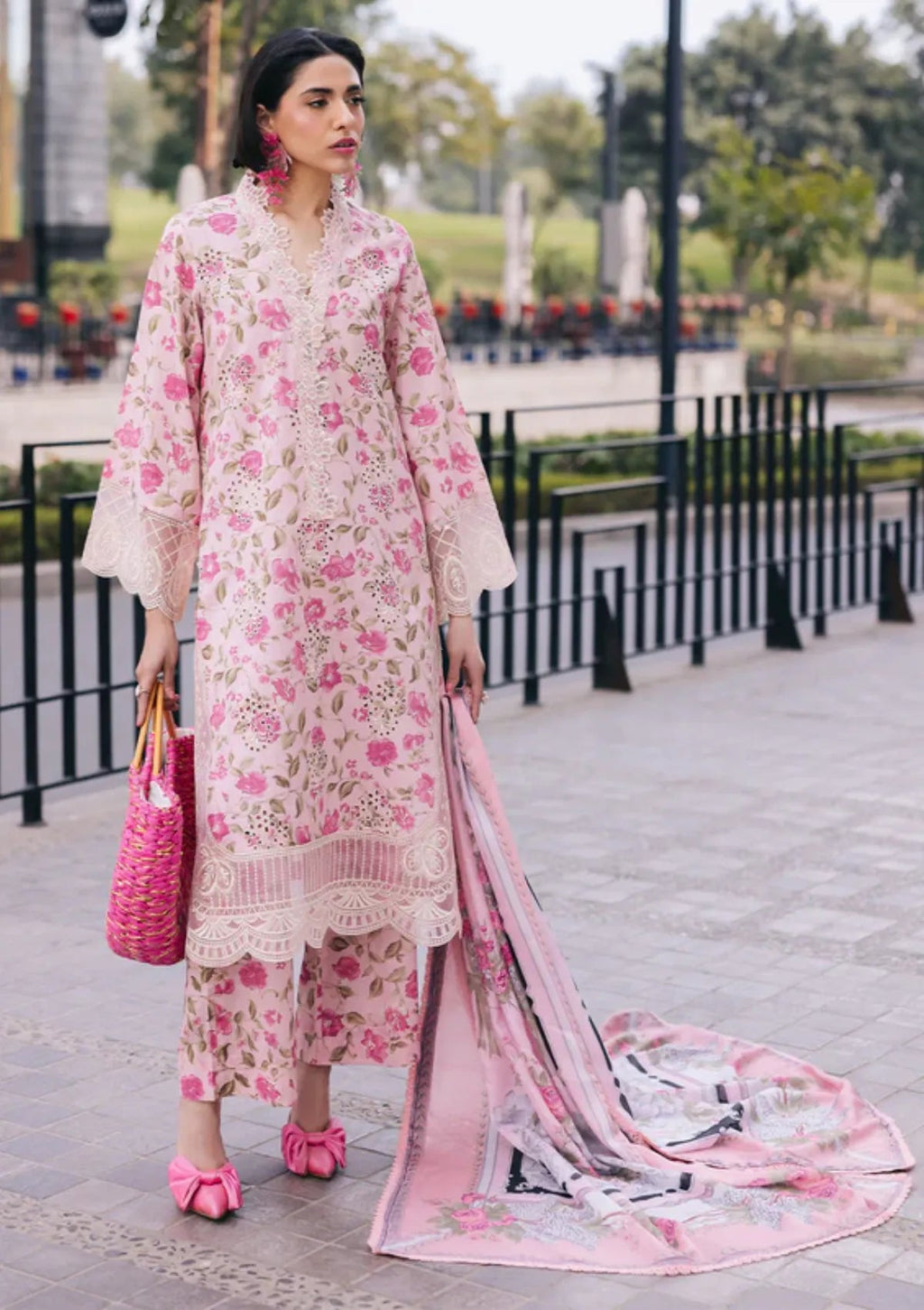 Mahnur Broadway Luxury Lawn '25 – D-12 Lotus replica 3pc suit with embroidered front, silk dupatta & printed trouser – Rs. 3,950/-