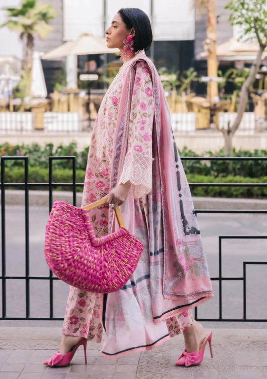 Mahnur Broadway Luxury Lawn '25 – D-12 Lotus replica 3pc suit with embroidered front, silk dupatta & printed trouser – Rs. 3,950/-