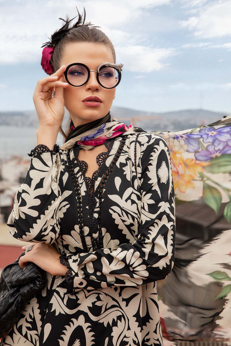 Maria B Replica MPEE#5B – 3PC Unstitched Lawn Suit with Chiffon Dupatta and Embroidered Neck Patti