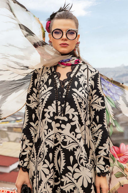 Maria B Replica MPEE#5B – 3PC Unstitched Lawn Suit with Chiffon Dupatta and Embroidered Neck Patti