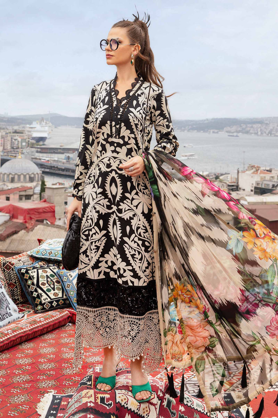 Maria B Replica MPEE#5B – 3PC Unstitched Lawn Suit with Chiffon Dupatta and Embroidered Neck Patti