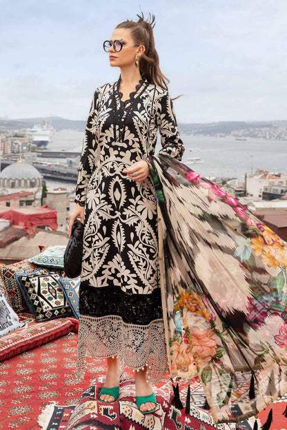 Maria B Replica MPEE#5B – 3PC Unstitched Lawn Suit with Chiffon Dupatta and Embroidered Neck Patti