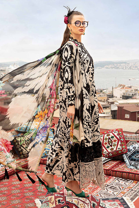 Maria B Replica MPEE#5B – 3PC Unstitched Lawn Suit with Chiffon Dupatta and Embroidered Neck Patti