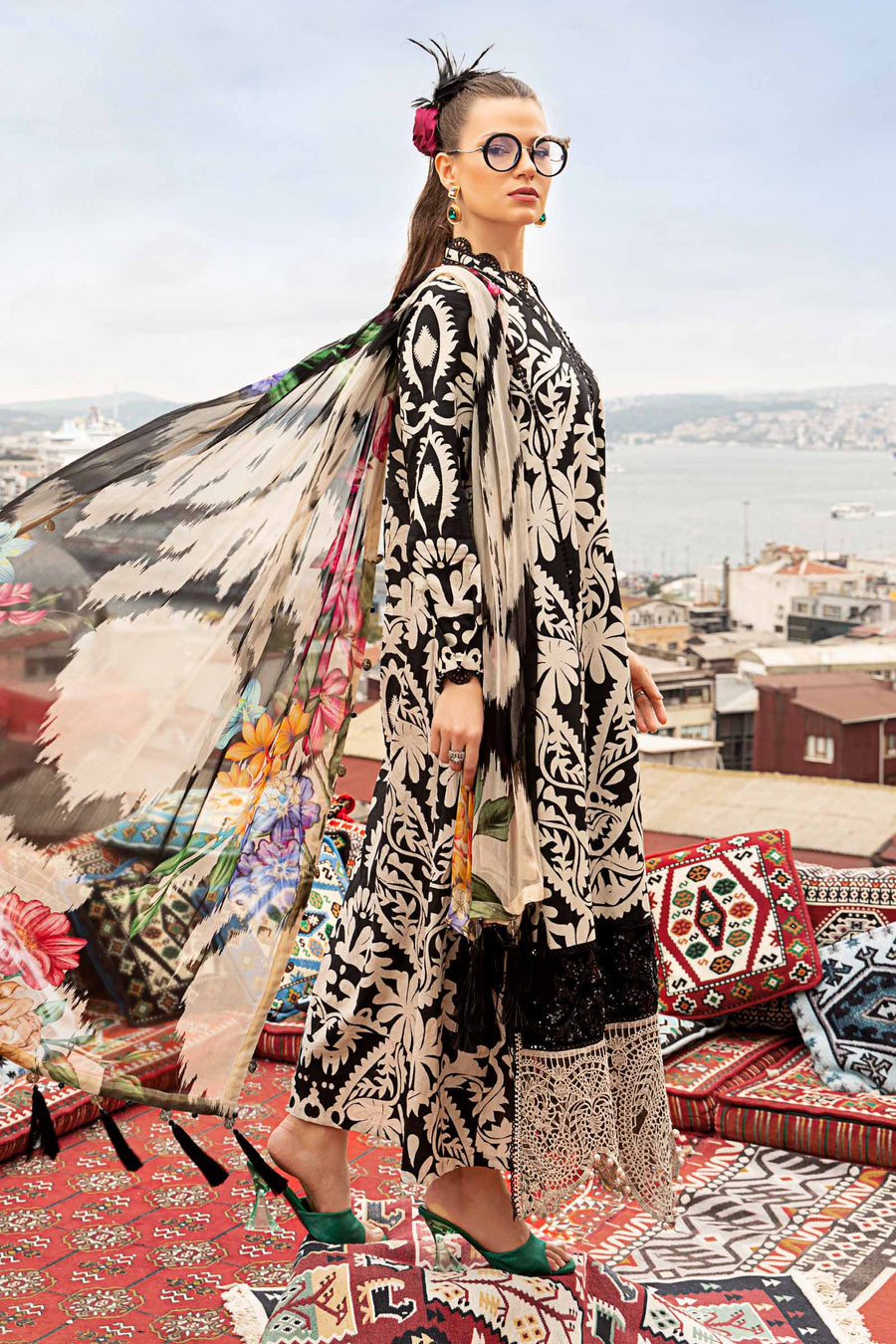 Maria B Replica MPEE#5B – 3PC Unstitched Lawn Suit with Chiffon Dupatta and Embroidered Neck Patti