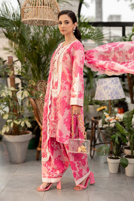 Maria B inspired 3 piece lawn suit in pink with embroidered neckline, chiffon dupatta and cambric shalwar.