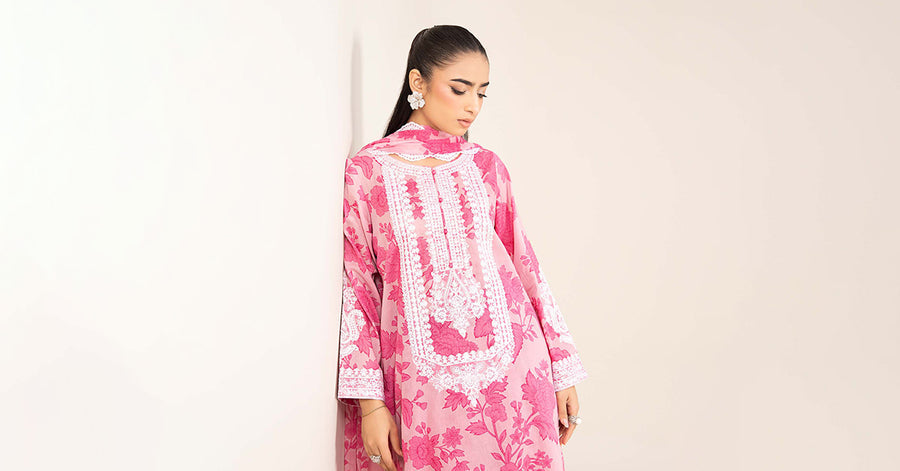 Maria B inspired 3 piece lawn suit in pink with embroidered neckline, chiffon dupatta and cambric shalwar.