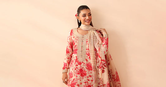 Maria. B Embroidered & Digital Printed Linen 3Pc Suit with Linen Dupatta