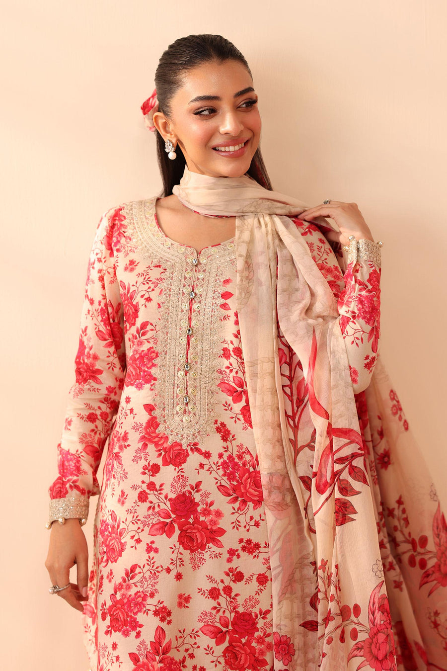 Maria. B Embroidered & Digital Printed Linen 3Pc Suit with Linen Dupatta