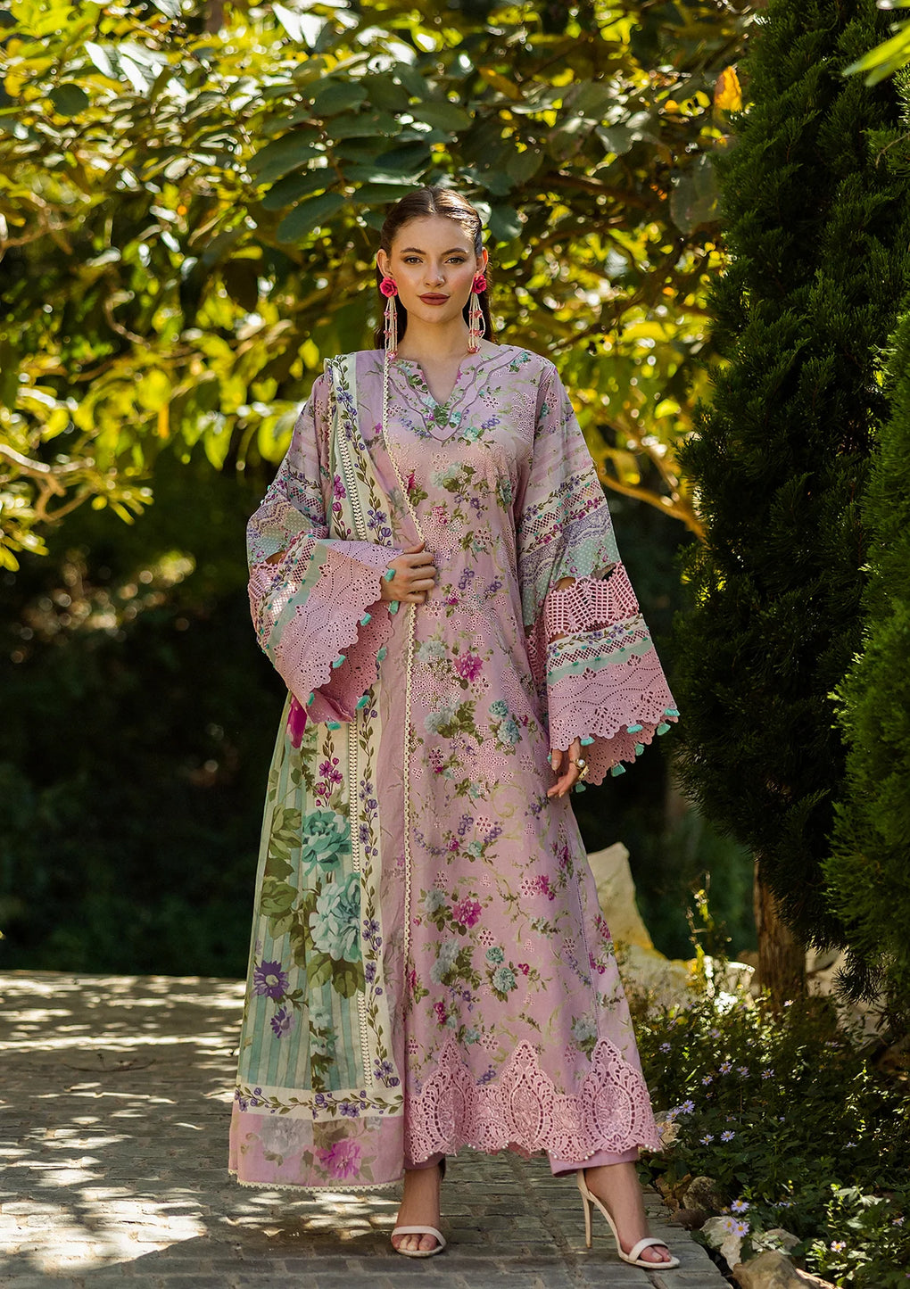 Elaf embroidered and digital printed linen 3-piece suit with embroidered shirt, dupatta, and trouser, available at RS Royal Fashion