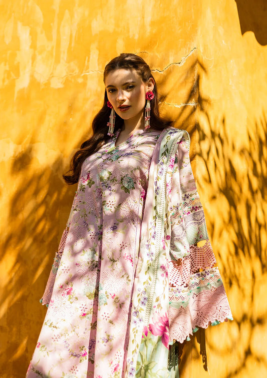 Elaf embroidered and digital printed linen 3-piece suit with embroidered shirt, dupatta, and trouser, available at RS Royal Fashion