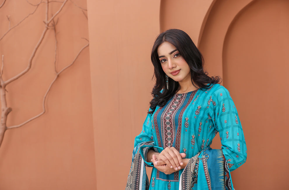 Unstitched Premium Lawn Vol#19 (2025) – Digital Airjet Bana Dora Shirt (2.75 Mtr), Dupatta (2.25 Mtr), Cotton Dyed Shutleless Trouser (2.25 Mtr) – Fresh & Elegant Summer Look