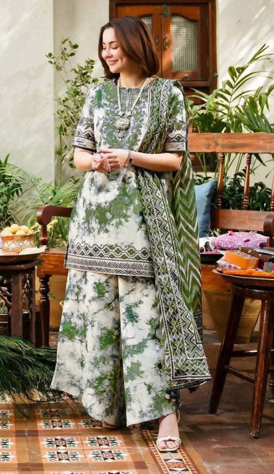 Luxury Lawn Unstitched 3-Piece Suit – Digital Printed Lawn Shirt with Heavily Embroidered Neckline & Daman, Chiffon Dupatta, and Printed Cotton Trouser