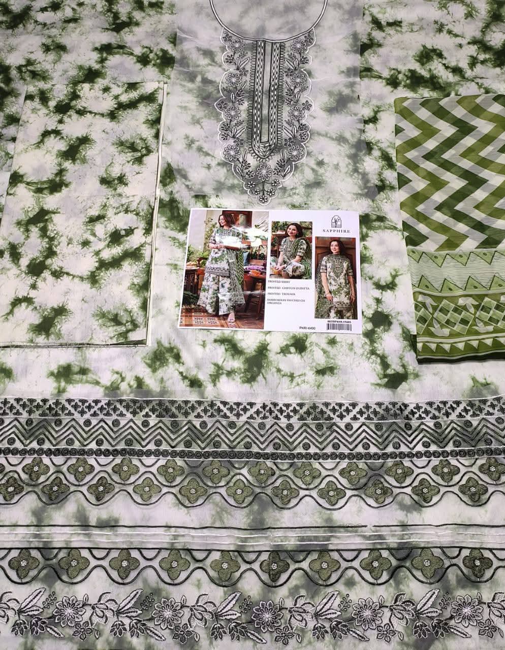 Luxury Lawn Unstitched 3-Piece Suit – Digital Printed Lawn Shirt with Heavily Embroidered Neckline & Daman, Chiffon Dupatta, and Printed Cotton Trouser
