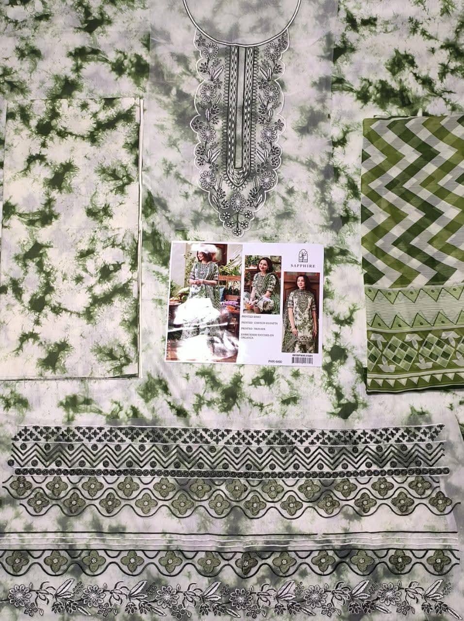 Luxury Lawn Unstitched 3-Piece Suit – Digital Printed Lawn Shirt with Heavily Embroidered Neckline & Daman, Chiffon Dupatta, and Printed Cotton Trouser