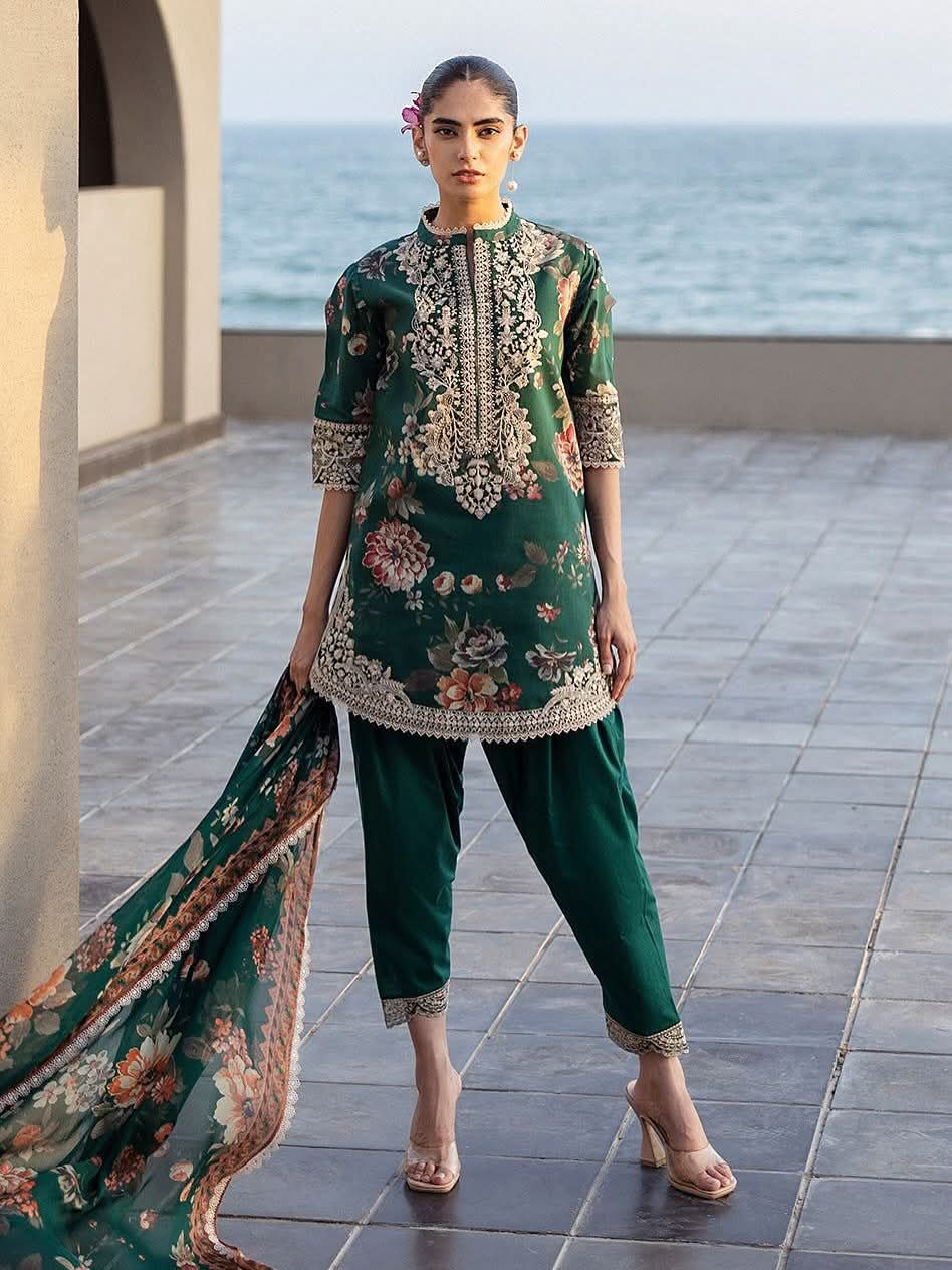Maria B Dhanak 3PC suit with printed dhanak shirt, dupatta, trouser, and embroidered patches on organza