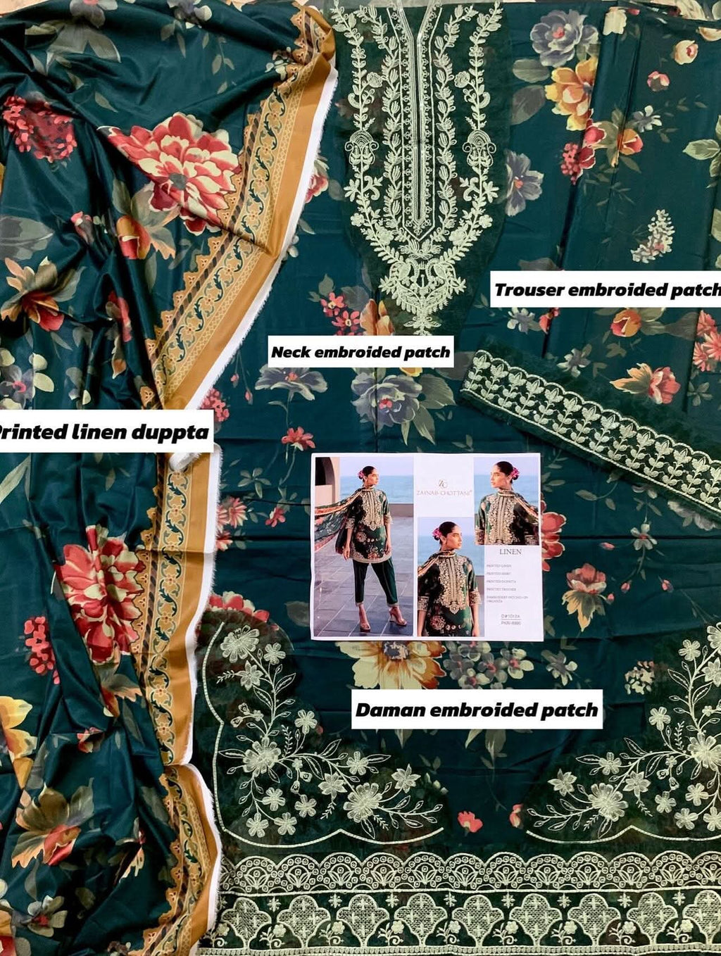 Maria B Dhanak 3PC suit with printed dhanak shirt, dupatta, trouser, and embroidered patches on organza