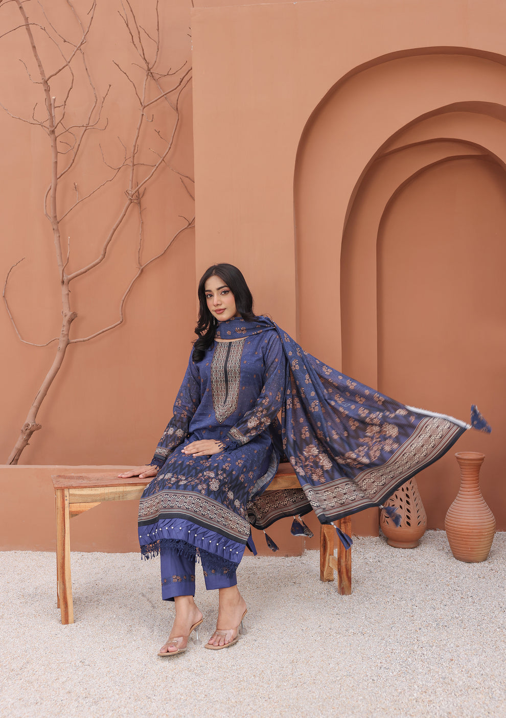BinNoor Fab printed lawn 3pc (De-LA19-P30187) – digital airjet shirt & dupatta, cotton dyed shutleless trouser – Rs. 3,150/-