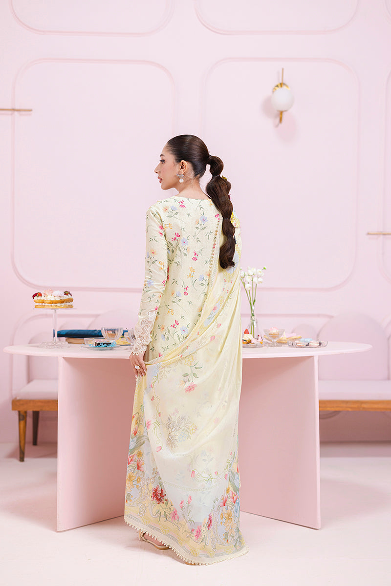Qalamkar embroidered & digital printed linen 3-piece suit with organza patch, linen dupatta, and trouser