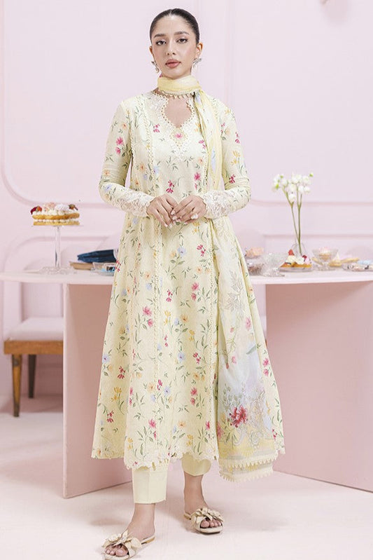 Qalamkar embroidered & digital printed linen 3-piece suit with organza patch, linen dupatta, and trouser