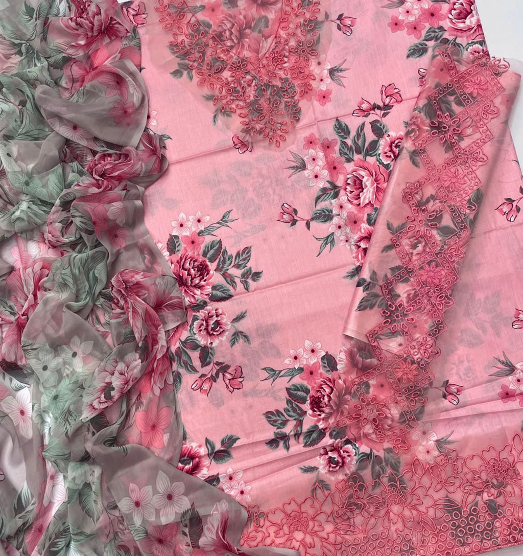 Iznik Dhanak 3PC suit with printed dhanak shirt, trouser, dupatta, embroidered daman patch, sleeve patti, and neckline patch