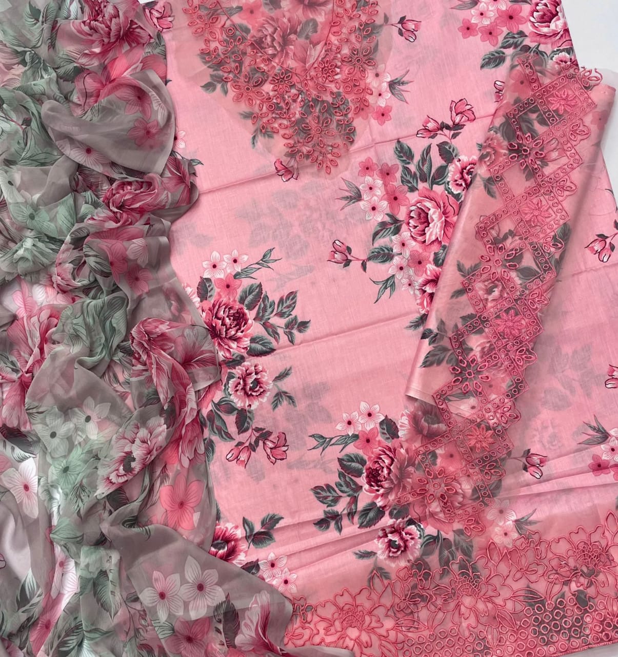 Iznik Dhanak 3PC suit with printed dhanak shirt, trouser, dupatta, embroidered daman patch, sleeve patti, and neckline patch