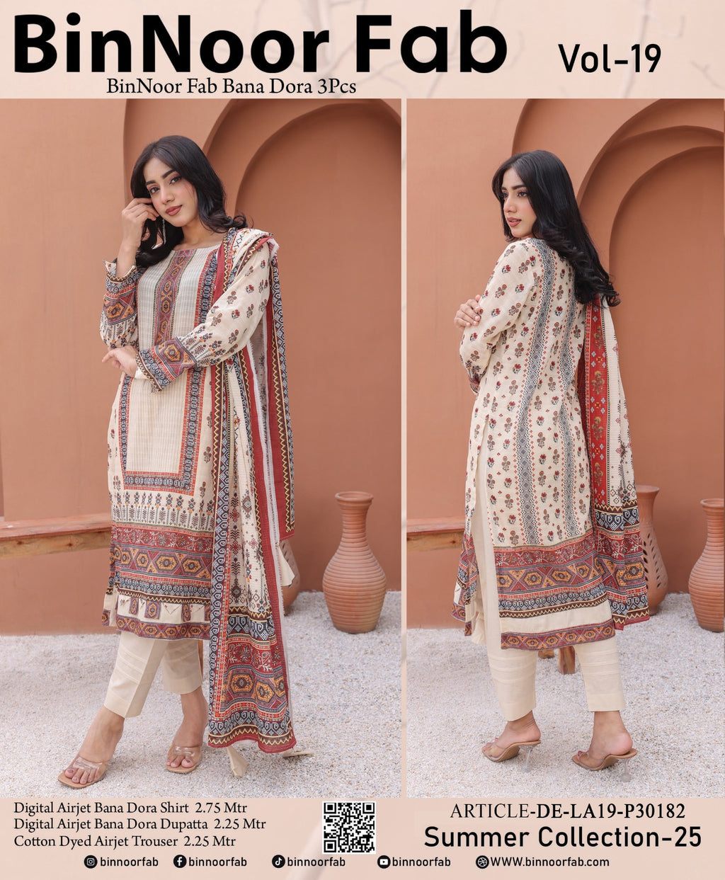 BinNoor Fab Vol#19 De-LA19-P30182 – 3Pc Unstitched Lawn Suit with Digital Printed Shirt, Dupatta & Dyed Trouser –