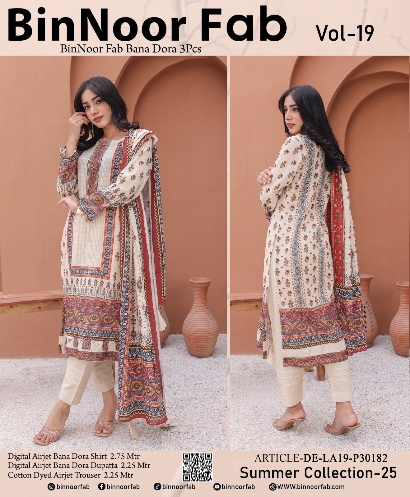 BinNoor Fab Vol#19 De-LA19-P30182 – 3Pc Unstitched Lawn Suit with Digital Printed Shirt, Dupatta & Dyed Trouser –