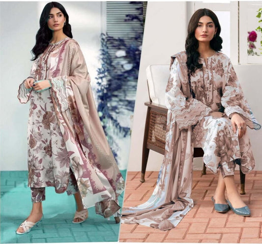 Maria B Dhanak 3PC suit with printed dhanak shirt, dupatta, trouser, and embroidered patches on organza