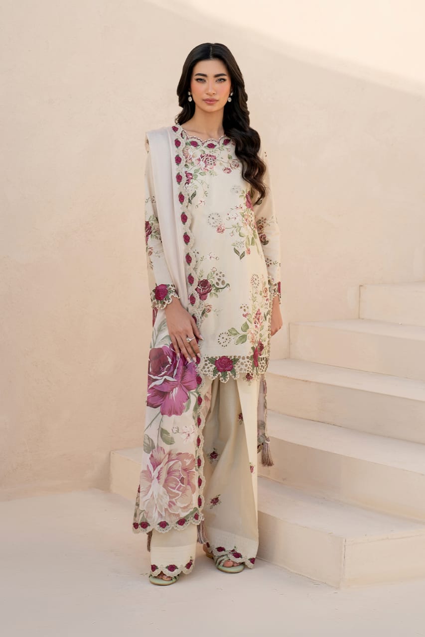 Iznik Dhanak 3PC suit with printed dhanak shirt, trouser, dupatta, embroidered daman patch, sleeve patti, and neckline patch