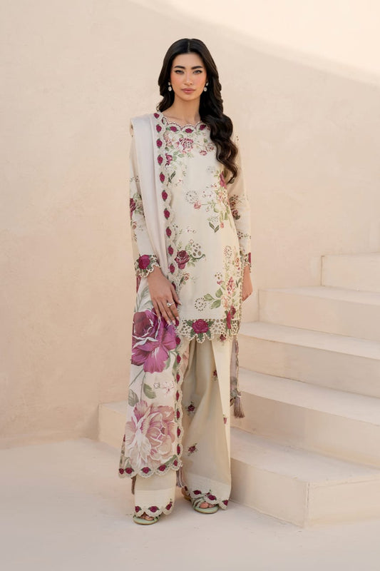 Iznik Dhanak 3PC suit with printed dhanak shirt, trouser, dupatta, embroidered daman patch, sleeve patti, and neckline patch