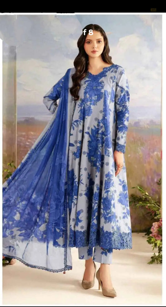 Iznik Dhanak 3PC suit with printed dhanak shirt, dupatta, trouser, and embroidered patches on organza