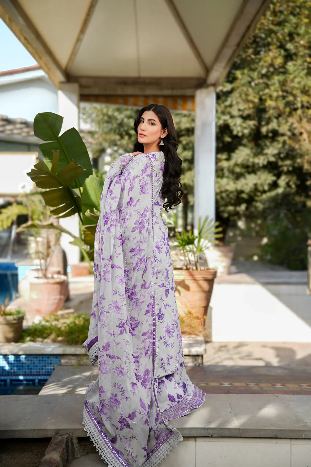 Maria B Dhanak 3PC suit with printed dhanak shirt, dupatta, trouser, and embroidered patches on organza