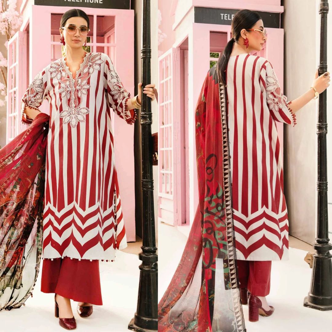 Maria B MB-311 Unstitched Replica Dress – Printed Lawn with Embroidered Spengle Work, Chiffon Dupatta, and Cambric Trouser