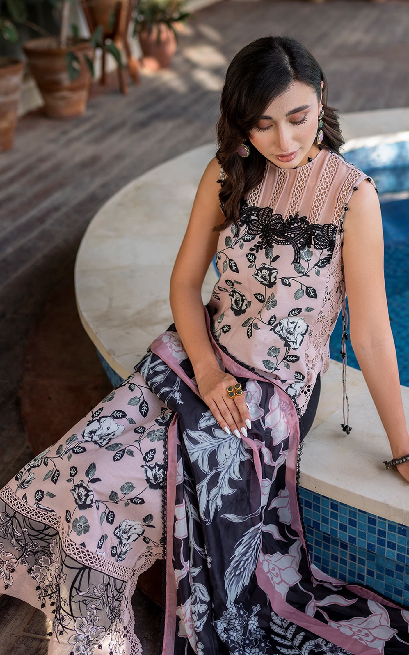 Asifa Nabeel printed dhanak suit with trouser, dupatta, embroidered patches, sleeves and neckline patti