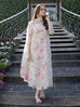 Crimson embroidered & digital printed linen 3-piece suit with organza patch, linen dupatta, and trouser