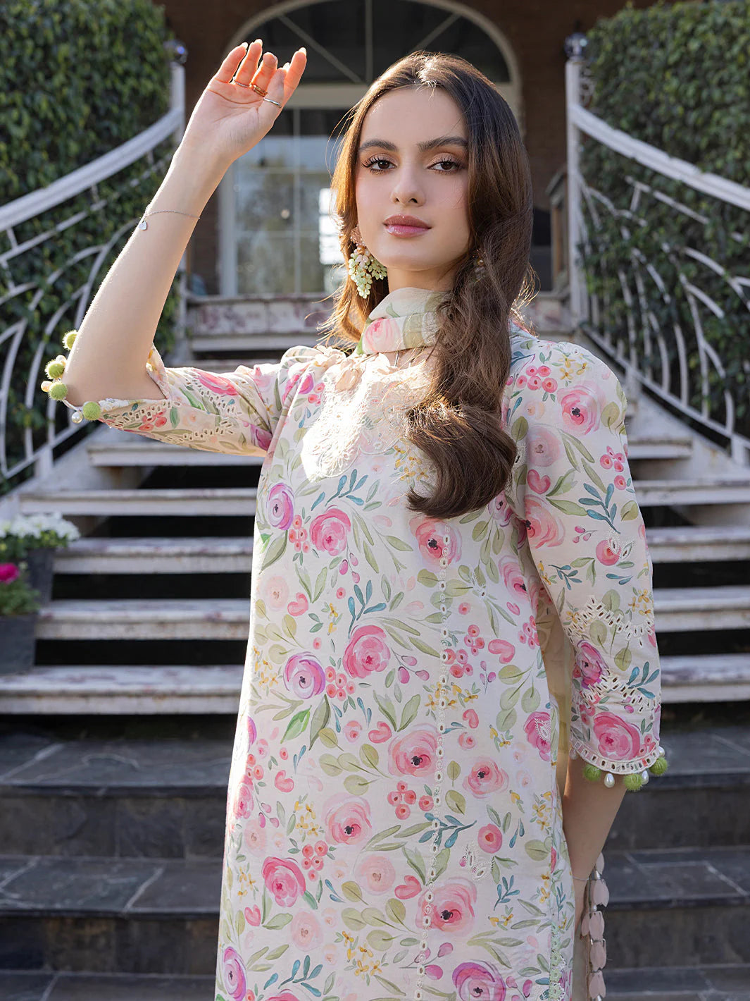 Crimson embroidered & digital printed linen 3-piece suit with organza patch, linen dupatta, and trouser