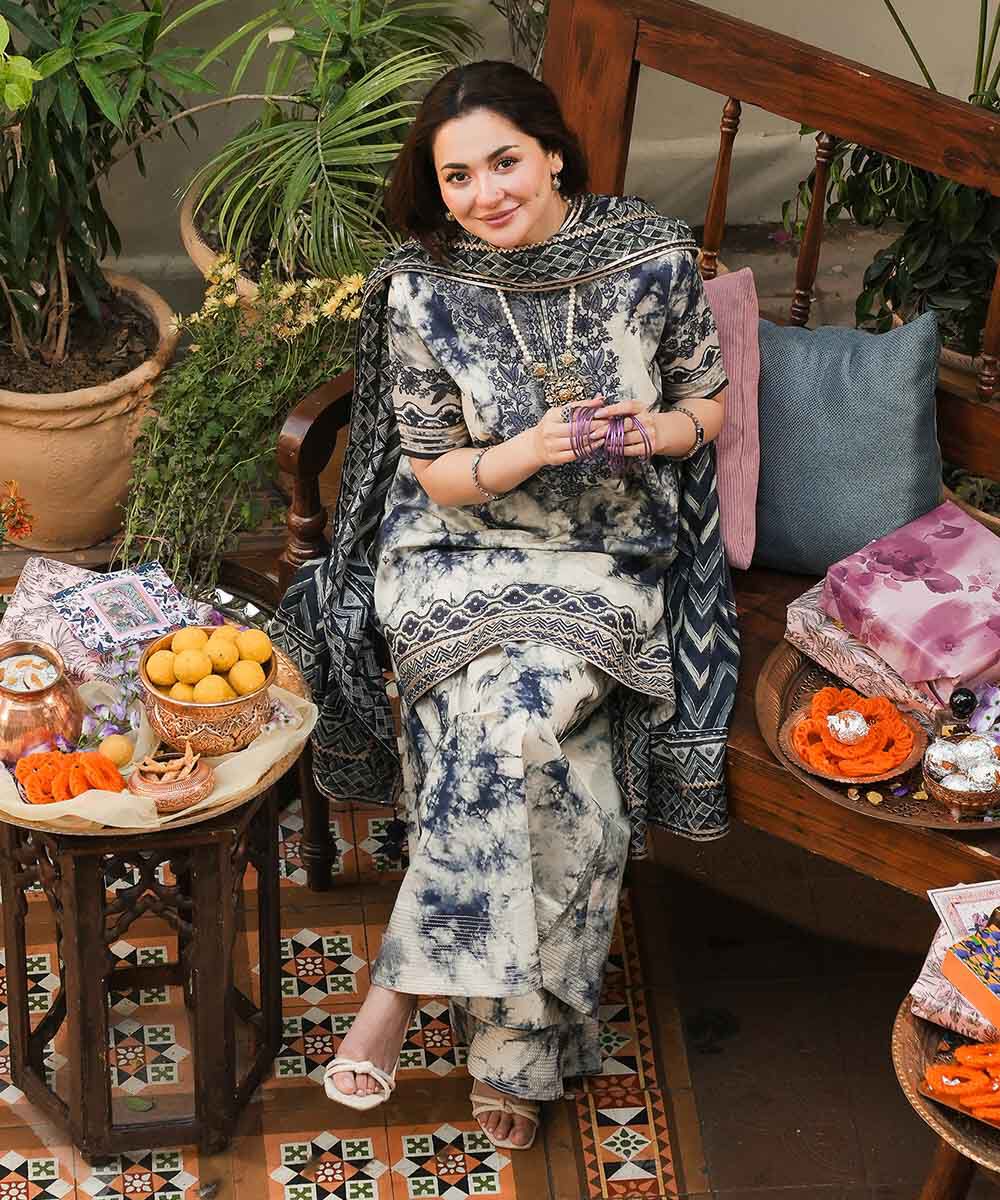 Sapphire-inspired luxury lawn suit with embroidery, chiffon dupatta & cotton trouser
