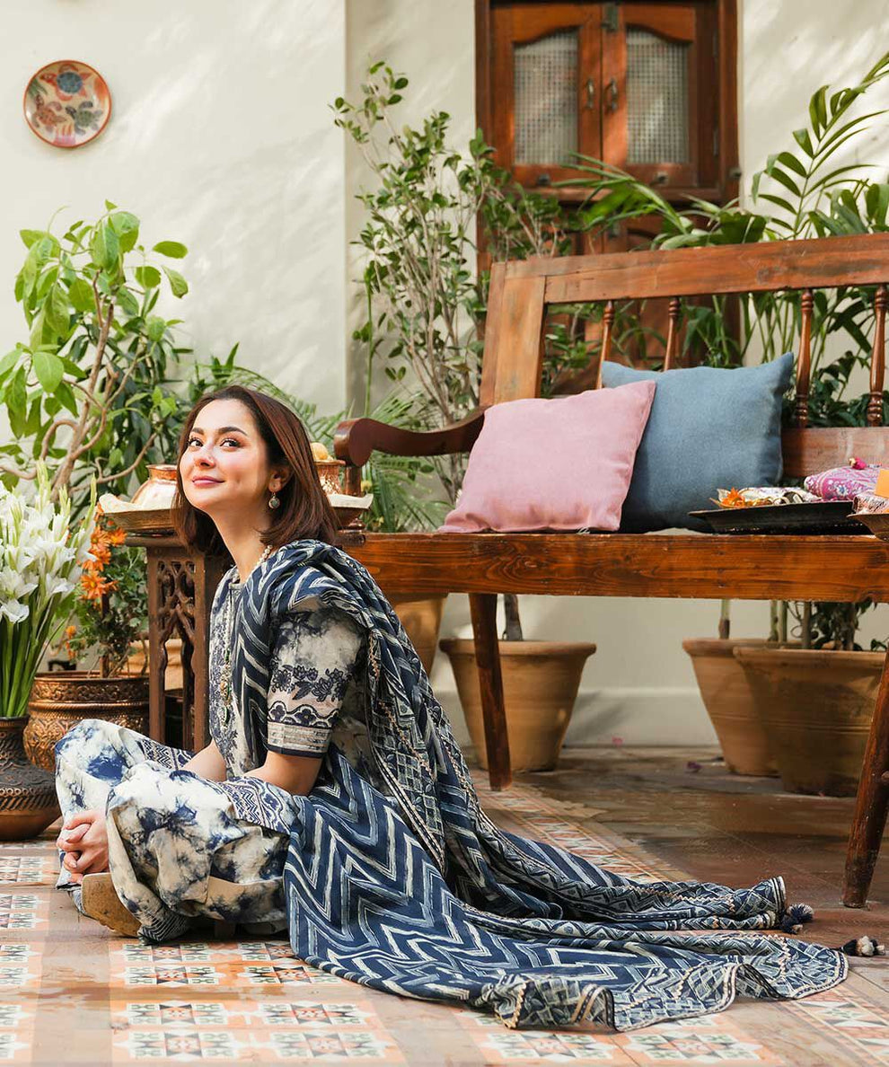 Sapphire-inspired luxury lawn suit with embroidery, chiffon dupatta & cotton trouser